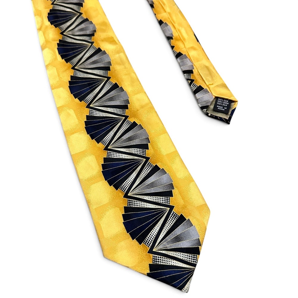 Ottimo Uomo Mens Silk Tie Yellow Geometric Abstract Wide Necktie Made Korea